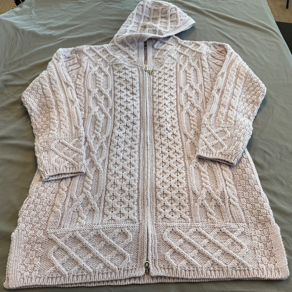 Aran Crafts Ireland Women 100% Merino Wool Hooded Zip Cardigan Lavender Grey M